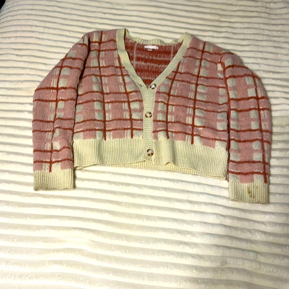 Lauren Conrad Large button up sweater. Plaid colors are pink and light rust.